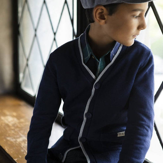 Tipped Organic Cardigan with Elbow Patches -Boy