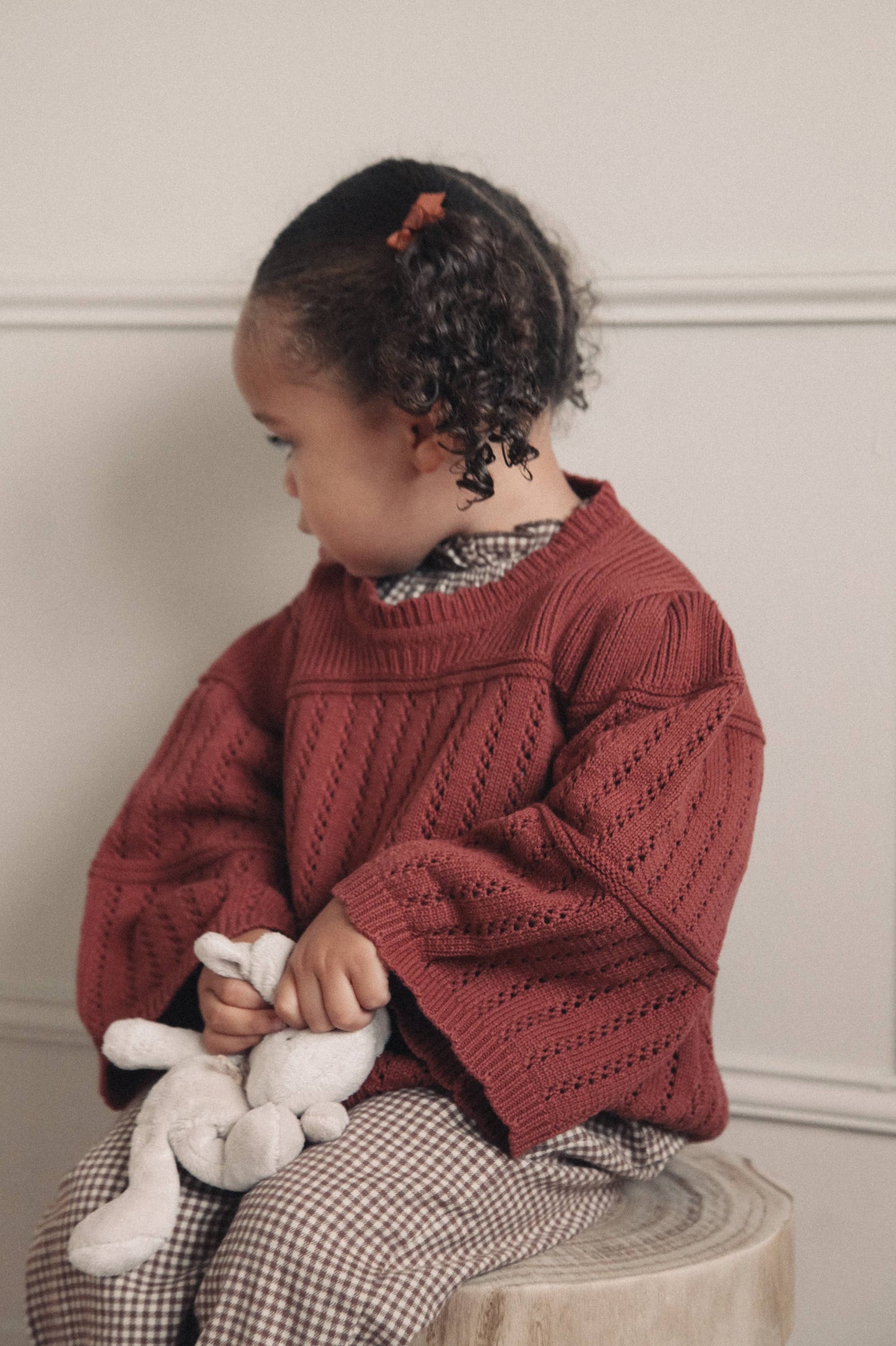 Dusky/Berry Cotton Flare Sleeve Openwork Knit Jumper: 18-24m