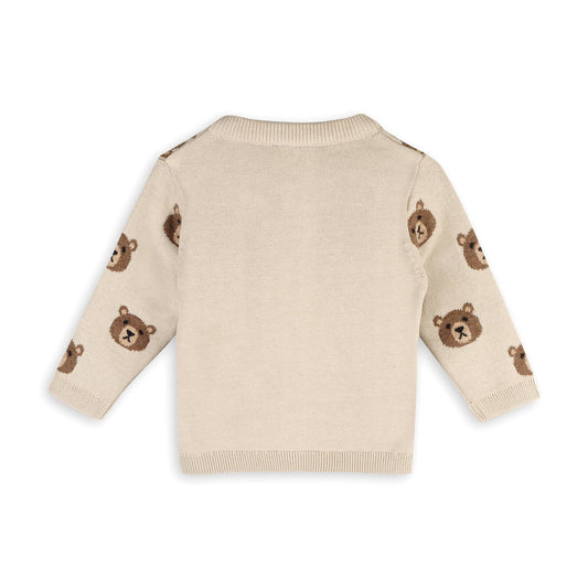 Brown Bear Jacquard Baby Cardigan Sweater (Organic Cotton): Stone