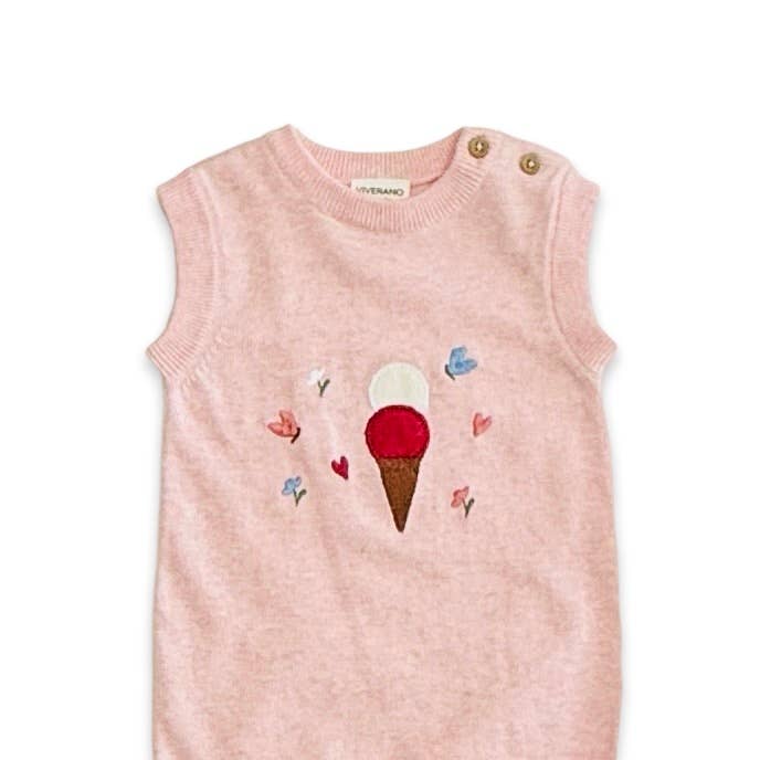 Ice Cream Embroidered Knit Sleeveless Baby Romper (Organic): Pink Heather / 3-6M