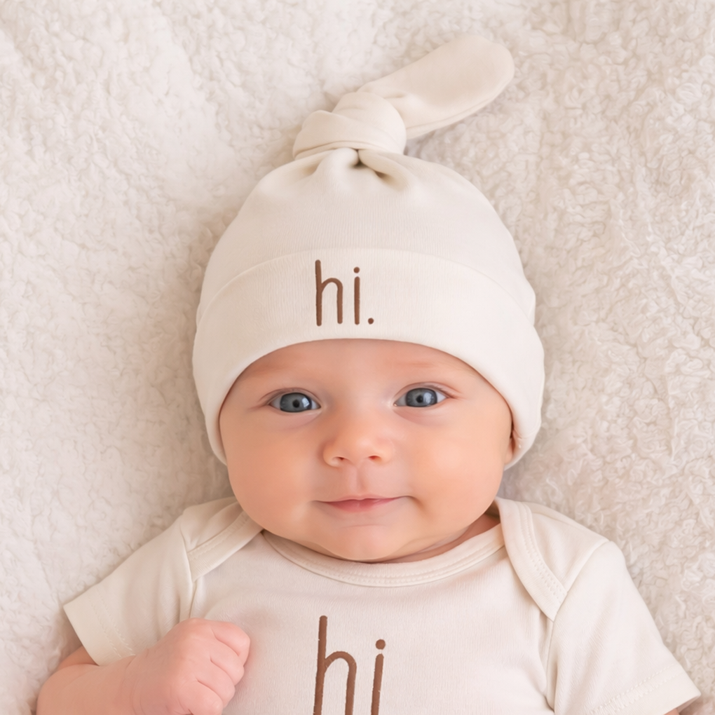 Hi. Embroidered Pecan Knotted Baby Hat