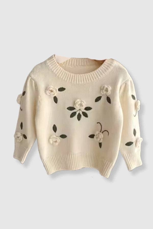 100% Cotton Knit Sweater with Floral Embroidery Detail - Cream: 3T