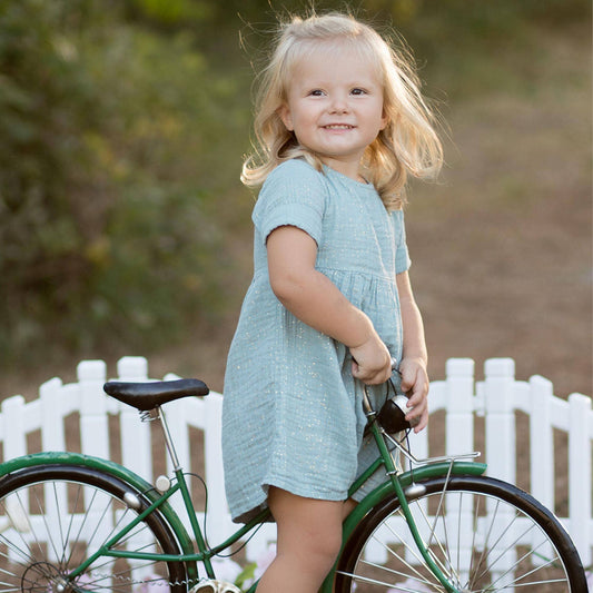 Organic Muslin Baby Short Sleeve Dress with Glitter: Aqua