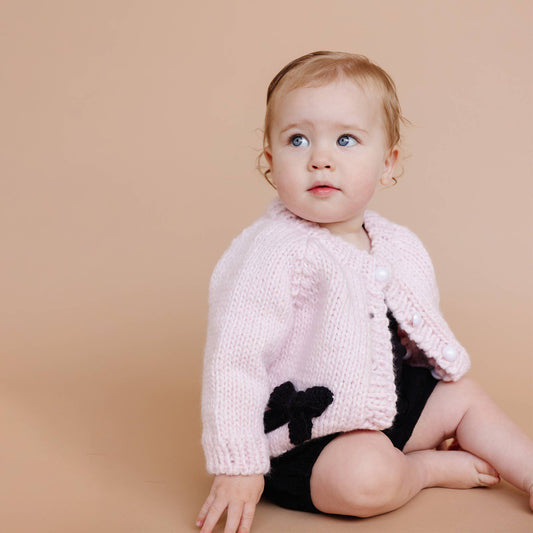 Bow Cardigan, Baby Pink/Black | Kids Sweater: S; 12-24M