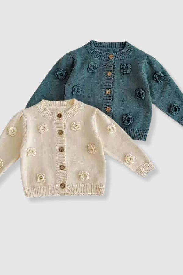 100% Cotton Knit Sweater Cardigan with Floral Detail - Blue: 18-24M