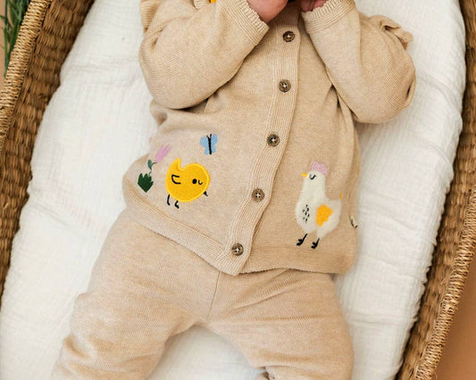 Chicken Little Embroidered Sweater Baby Cardigan (Organic): Oat Heather