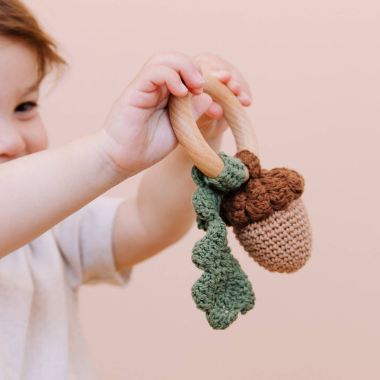 Teether Acorn Cotton Rattle Baby Gift Spring Summer Fall