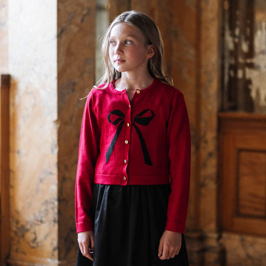 Organic Bow Intarsia Cardigan: Red with Black Bow / S