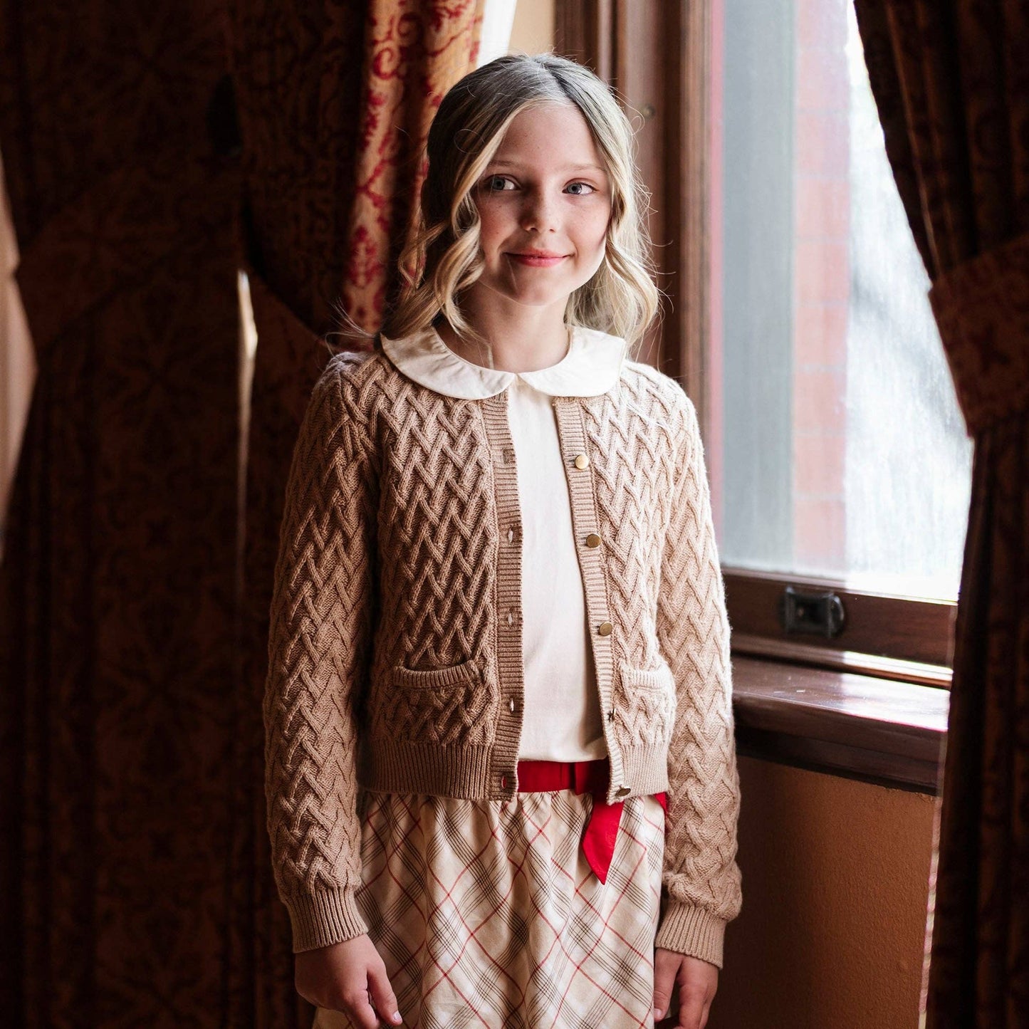 Organic Herringbone Cardigan: Camel Heather / S