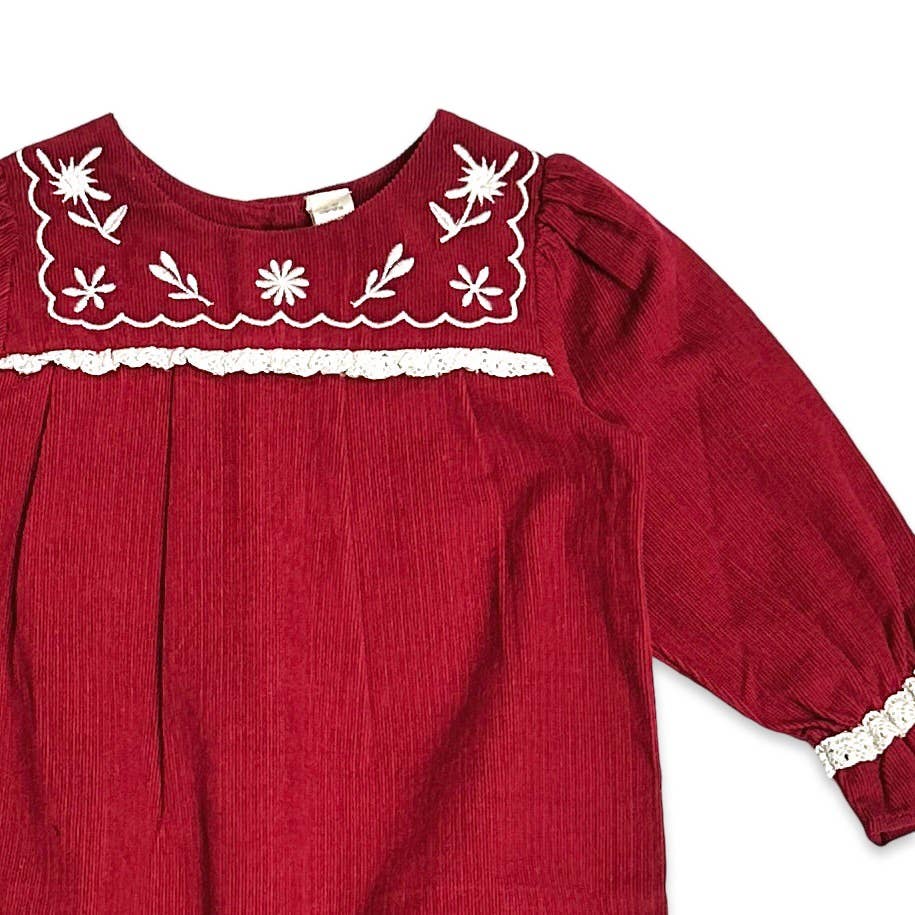 Embroidered Corduroy Festive Baby Jumpsuit (Organic): Pinot Red / 3-6M