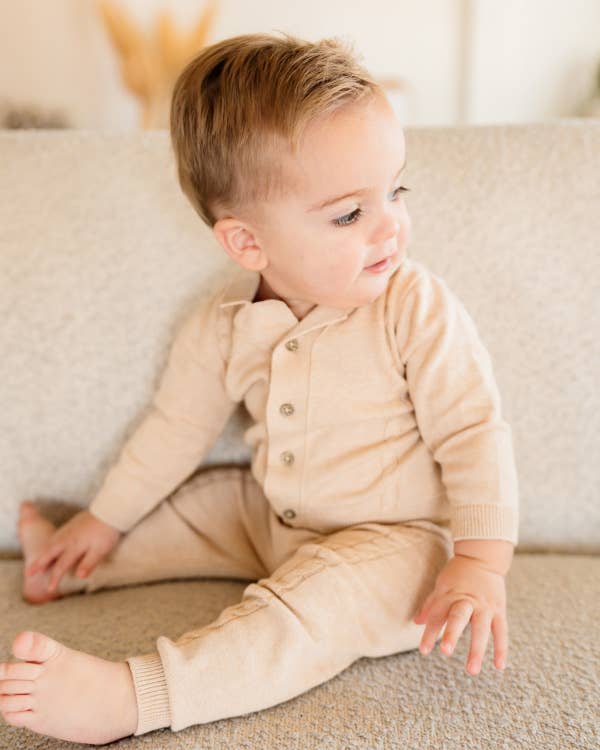 Resort Cable Knit Baby Sweater Cardigan & Pant Set: Oatmeal Heather / 6-12M
