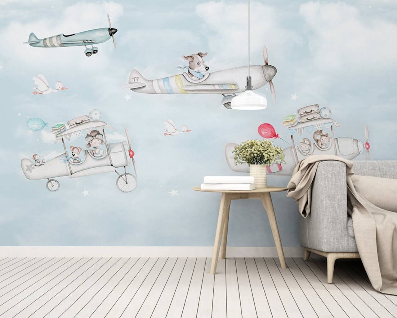 Cartoon Aircraft Sky Landscape Removable Kids Wallpaper: Peel and Stick Vinyl / W:55" x H:35"