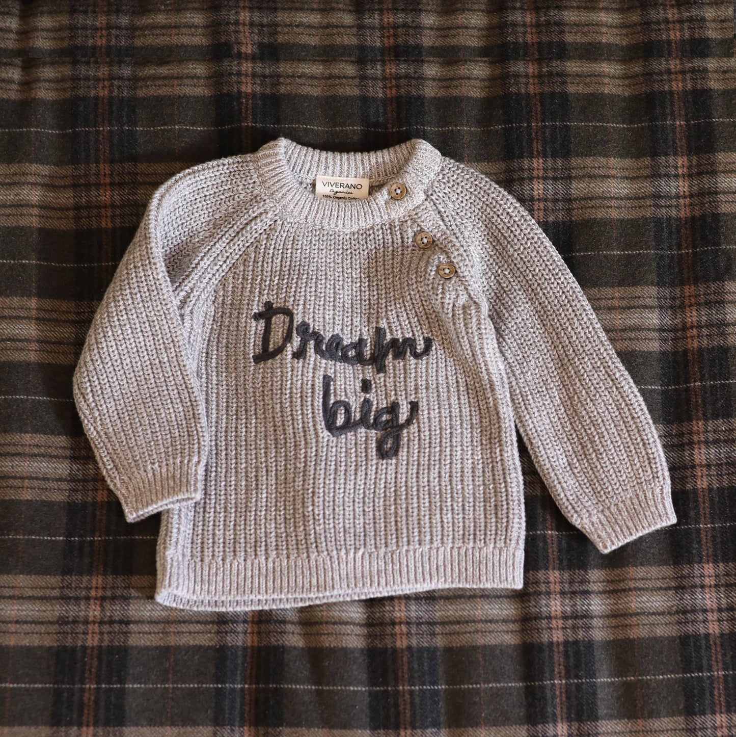 Dream Big Embroidered Chunky Knit Baby Sweater (Organic): Heather Grey / 18-24M