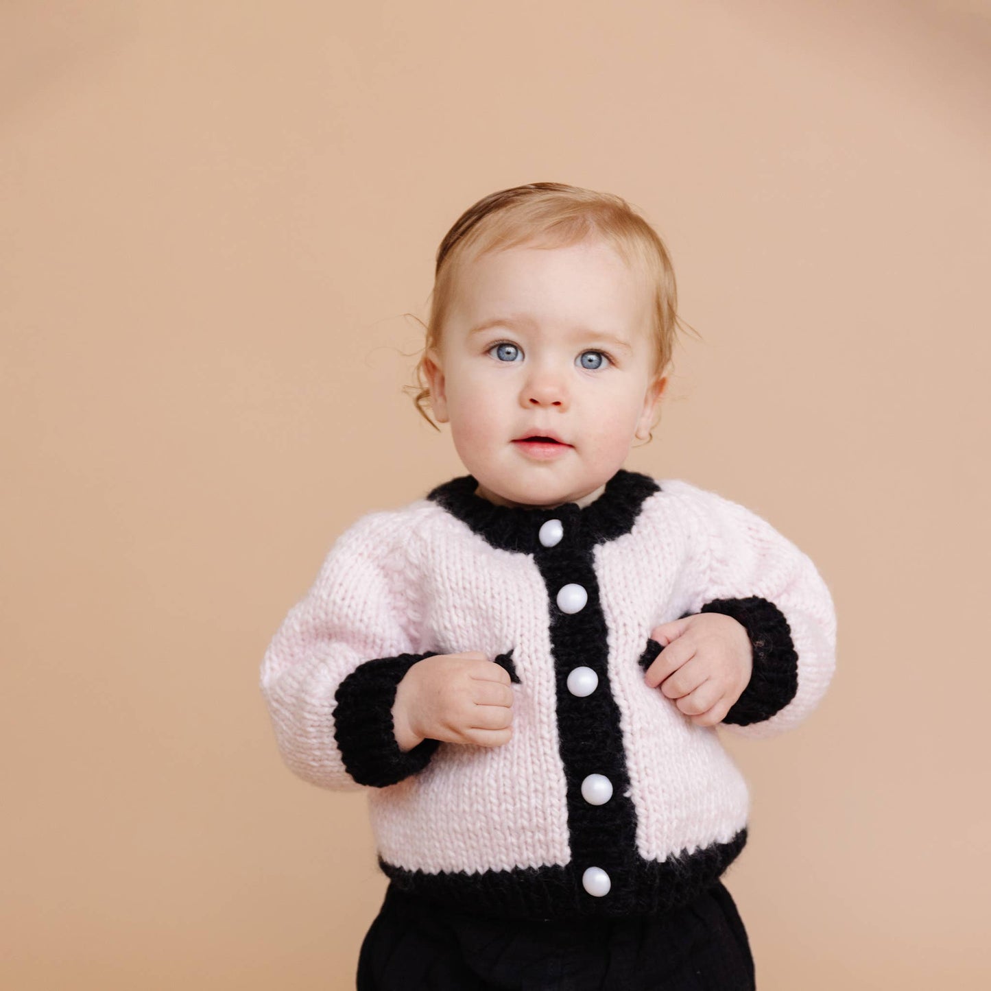 Coco Cardigan, Baby Pink/Black | Kids Pearl Sweater: M; 2-3Y