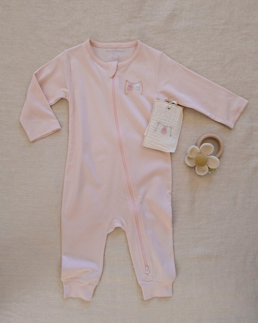Pima Embroidered Footless Sleeper in Pink Clothesline