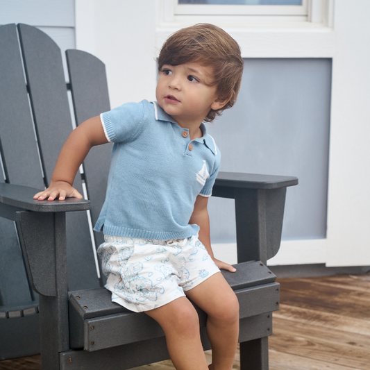 Nautical Knit Polo w/ Map Print Shorts - BLUE