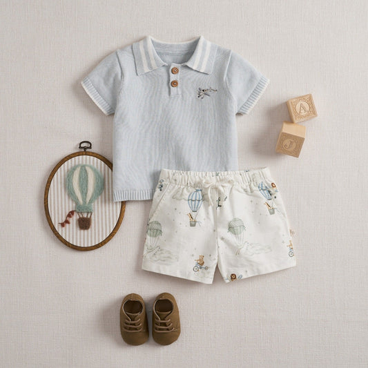 Dreamscape Knit Polo Shirt + Printed Oxford Shorts - BLUE