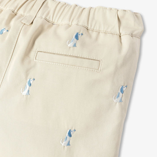Baby Boy Twill Shorts with Small Dog Embroidery - Taupe