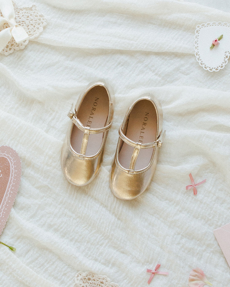 T-Strap Ballet Flats Gold Metallic