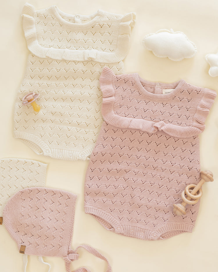 Pointelle Ruffle Romper Natural