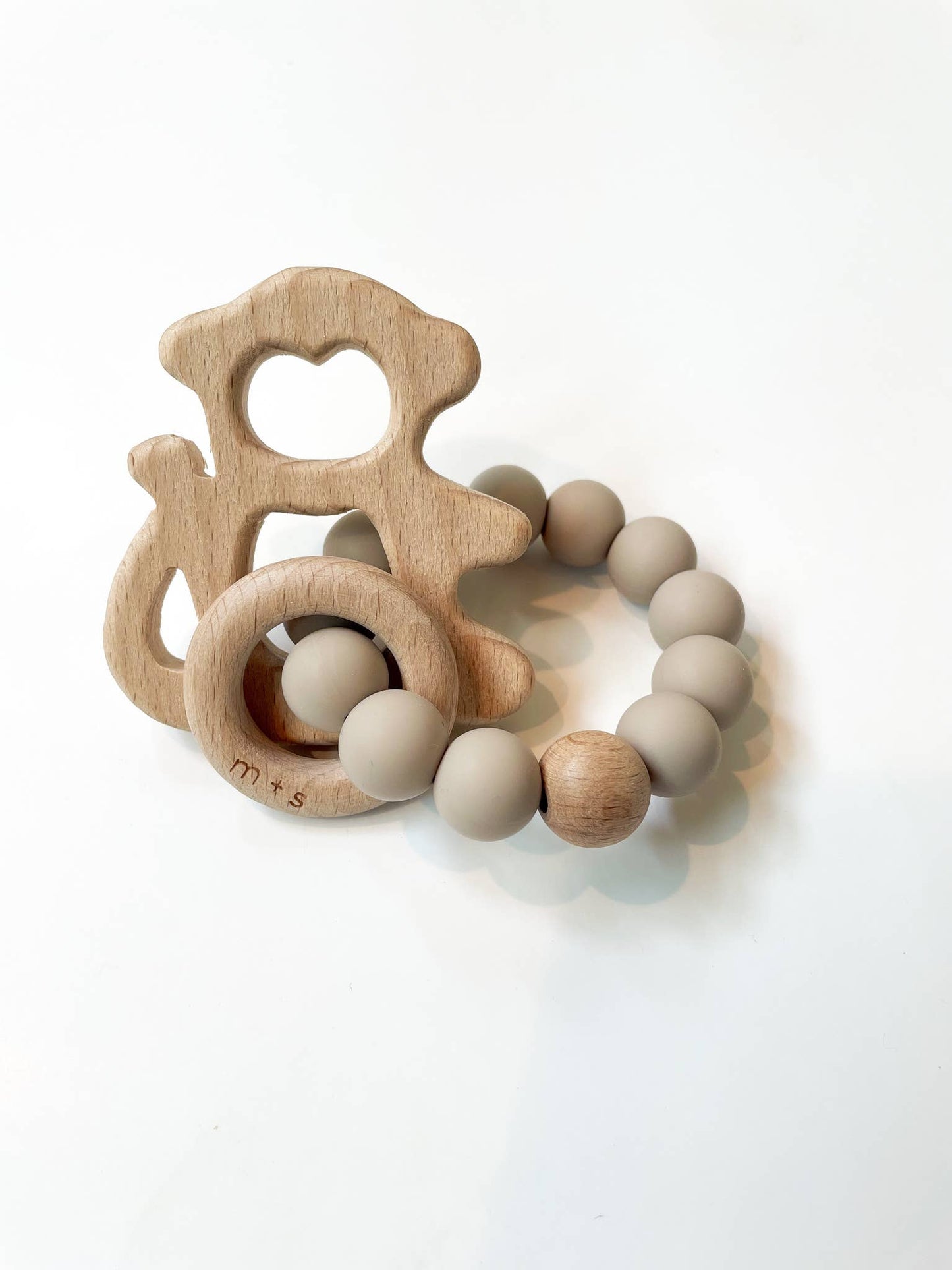 Monkey Teether- Silicone and Beech Wood: Blush