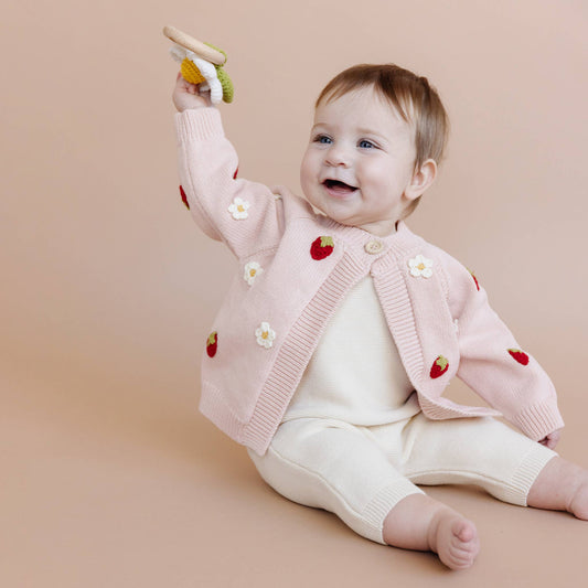 Cotton Strawberry Flower Cardigan, Blush Baby Sweater Summer: 6-12m