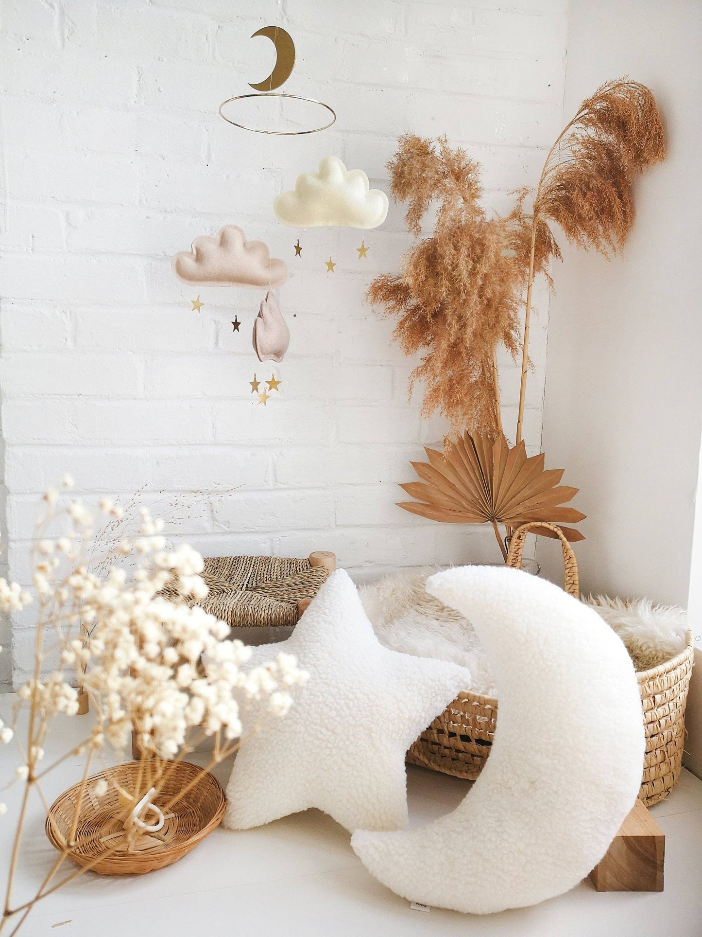 Clouds and stars baby mobile - Ivory, beige, taupe