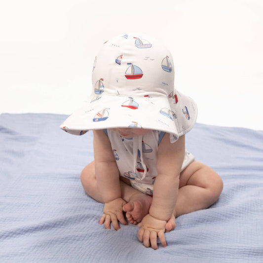 Bubbly Sailboats Blue - Wide Brim Sun Hat