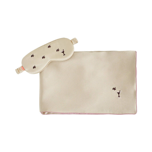"Martini" 2 Piece Silk Gift Set: Silk Pillowcase & Silk Sleep Eye Mask - Champagne