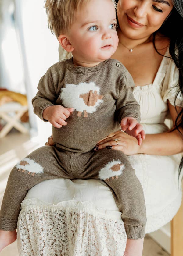 Sheep Jacquard Knit Baby Pullover & Pant SET Organic Cotton: Cocoa Heather / 18-24M