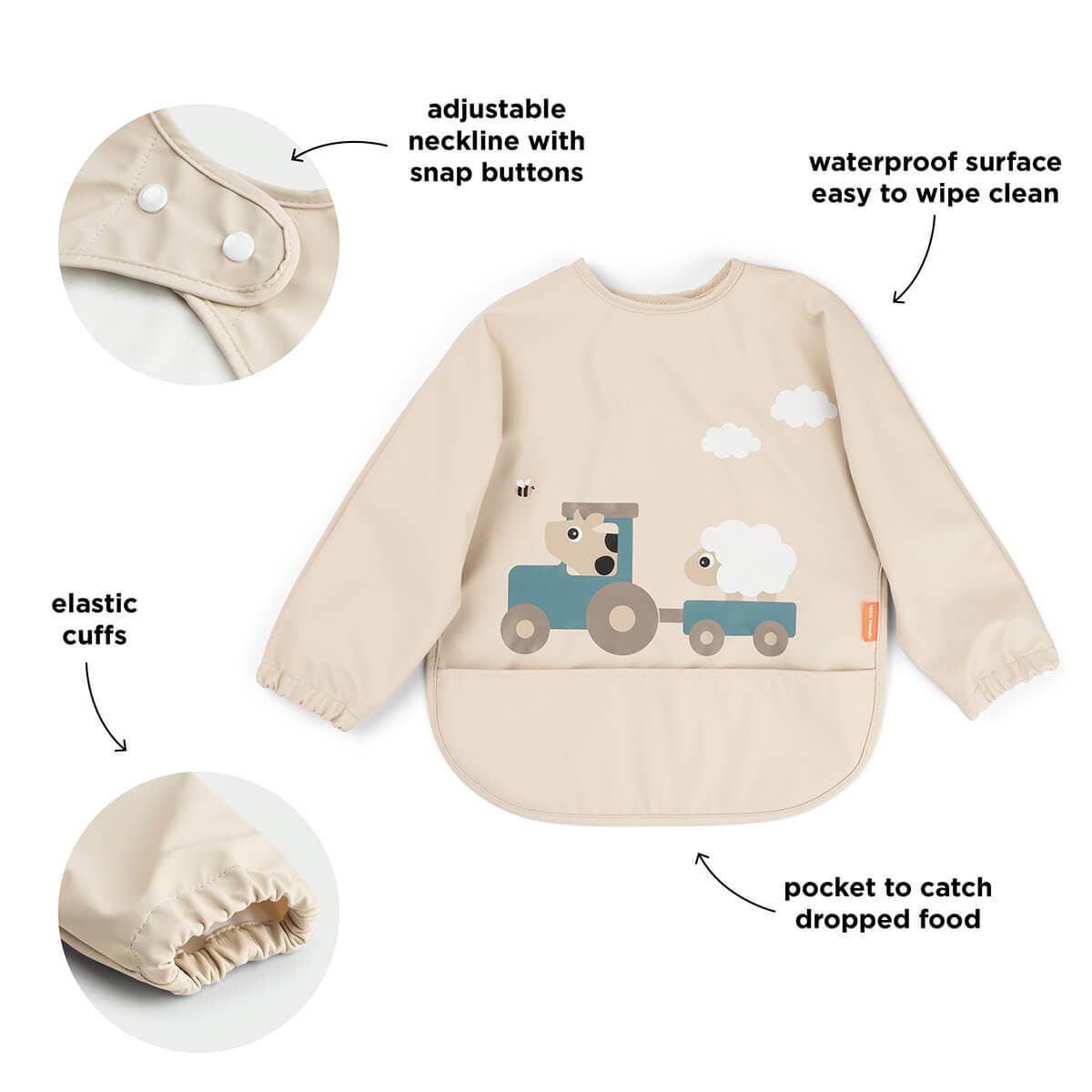 Sleeved pocket bib Tiny farm Sand