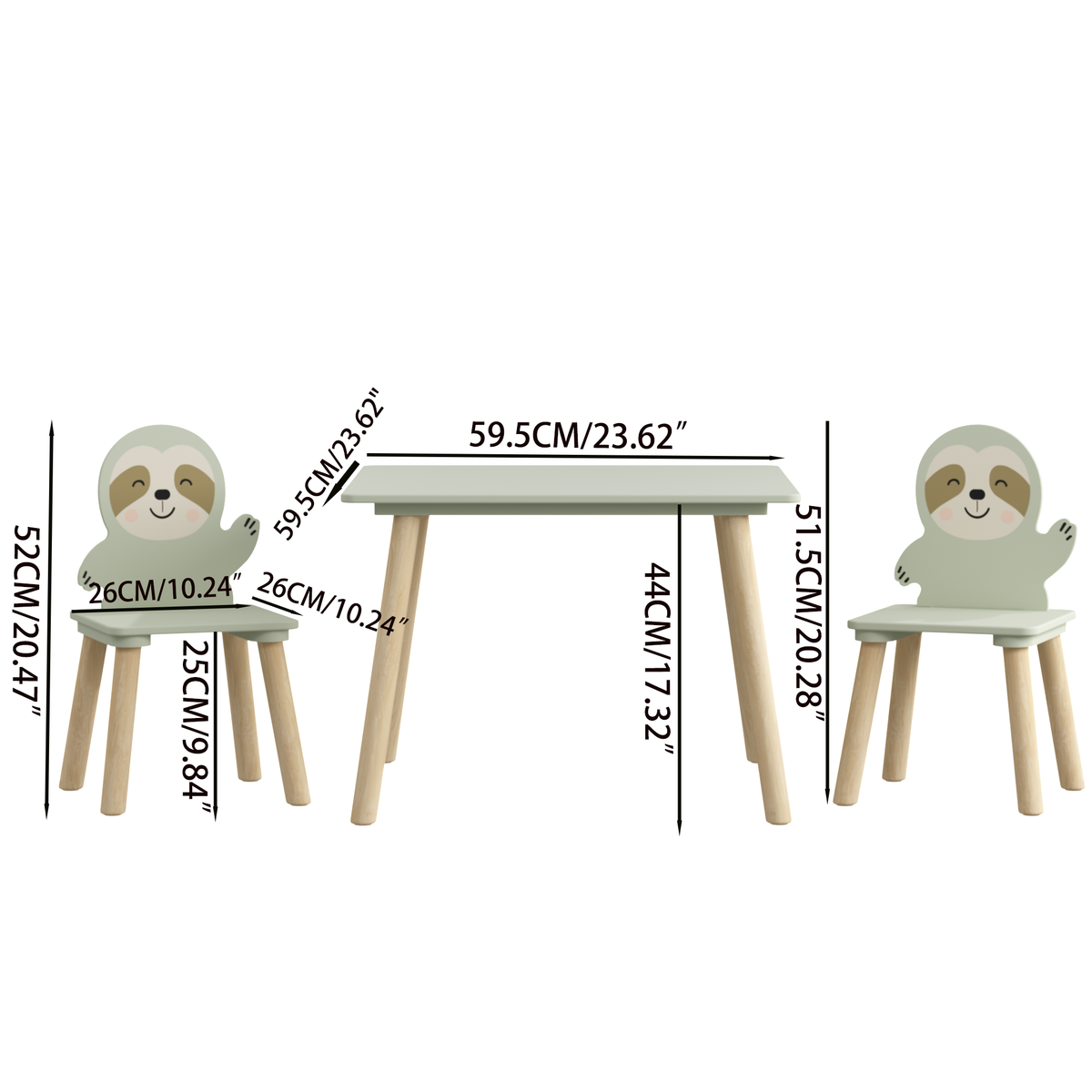 Kids Sloth Bookshelf, Book Rack, Table Chair Set, Sage Green