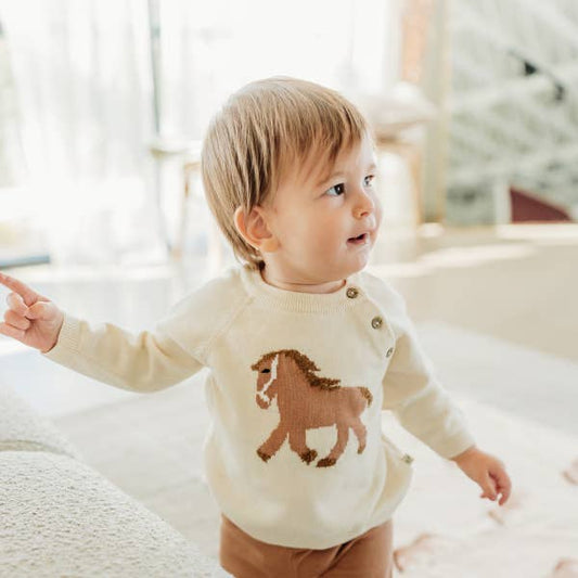 Horse Jacquard Sweater Knit Baby Pullover (Organic Cotton): Natural