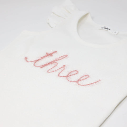 "Three" Pink Sparkle Embr Cotton Baby Rib FS Tank: Cream / 3