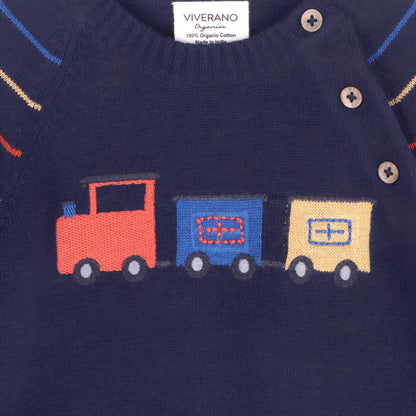 Train Jacquard Knit Baby Raglan Pullover Sweater (Organic): Navy Blue