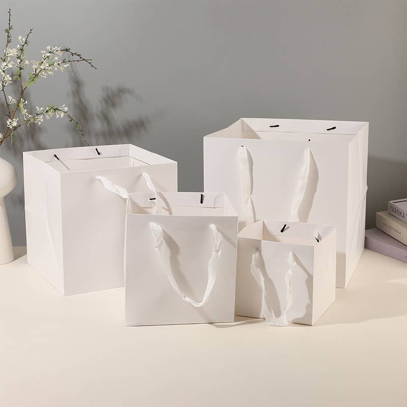 All White Square Cotton Handle Paper Gift Bag w/ free tissue: S4