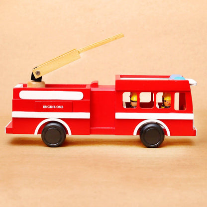 Wooden Fire Truck Toy – 15” Ladder Engine with 4 Firefighters