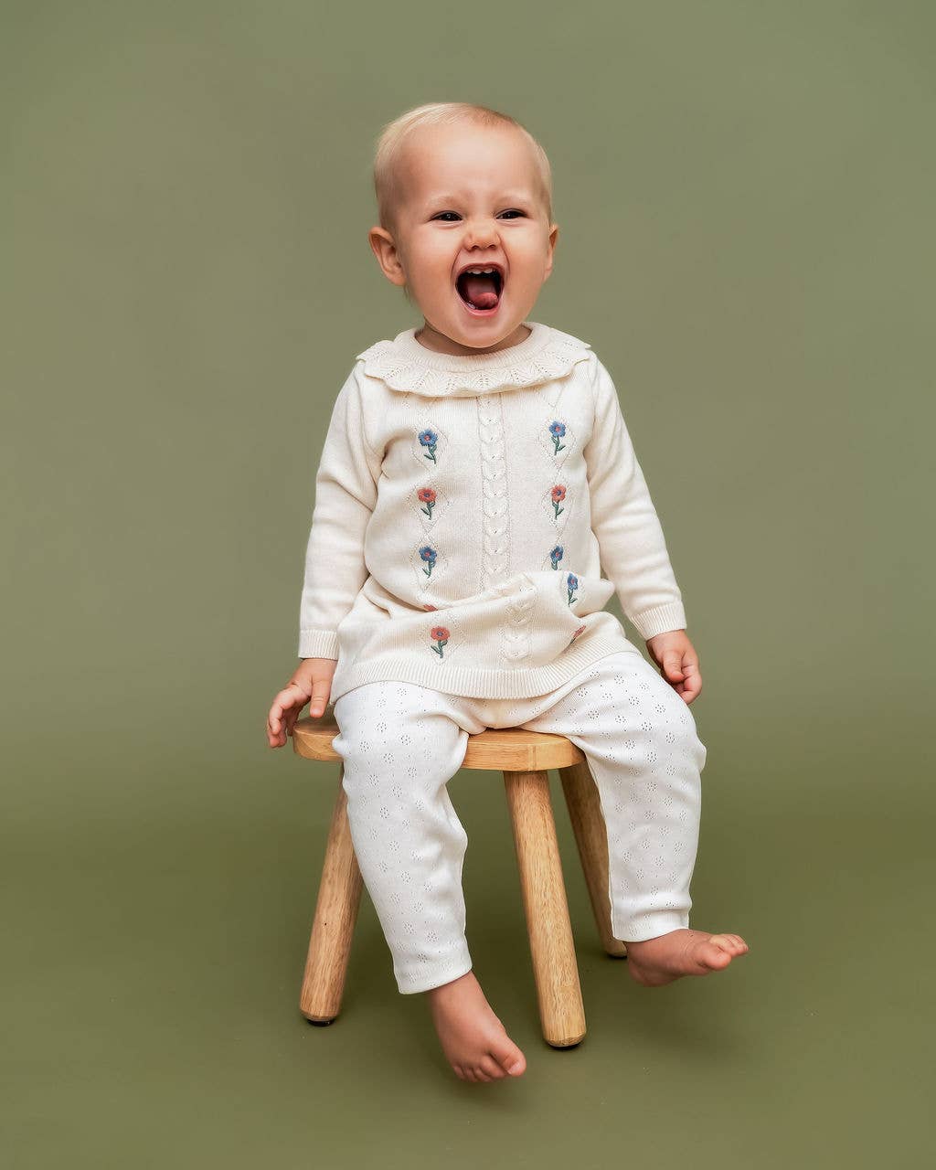 Emma Floral Embroidered Knit Baby Ruffle Dress (Organic): Natural / 6-12M