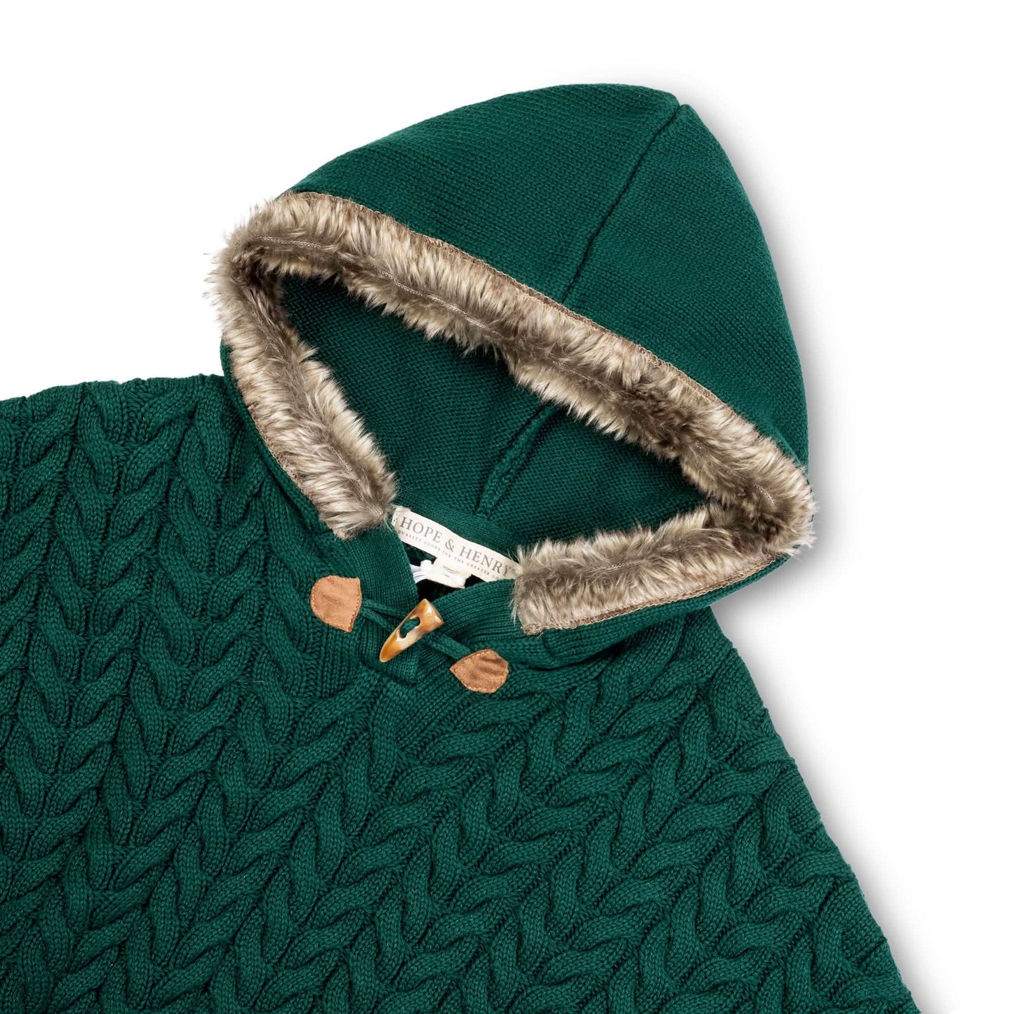 Sweater Cape with Faux Fur Hood: Deep Green Cable / XX-Small