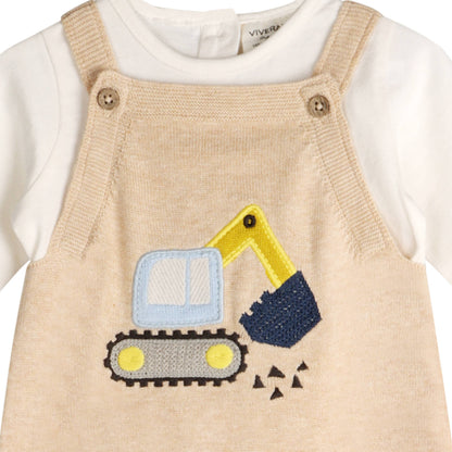 Excavator Truck Embroidered Baby Overall Set -Organic Cotton: Oat Heather / 3-6M
