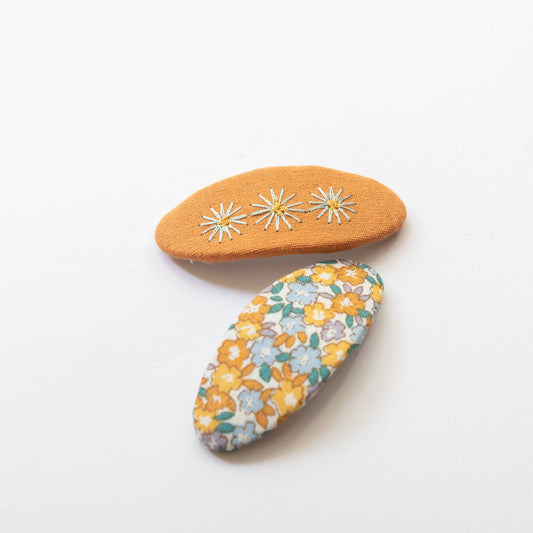 Oval Embroidered Floral Snap Hair Clips | Mustard