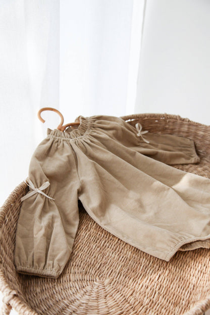 Dark Beige/Cord Bow Long Sleeve Romper