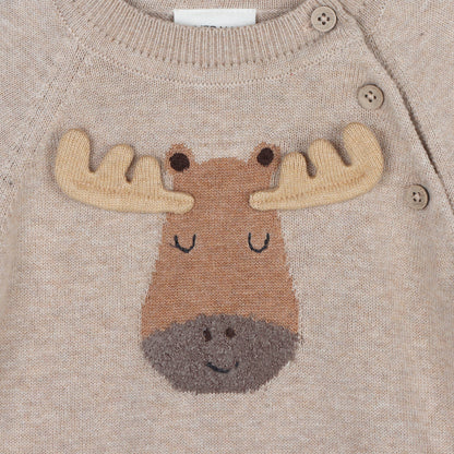 Moose Applique Raglan Baby Pullover Sweater (Organic Cotton): Oat Heather