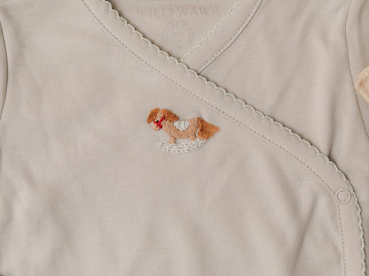 Pima Embroidered Footless Sleeper in Blue Rocking Horse