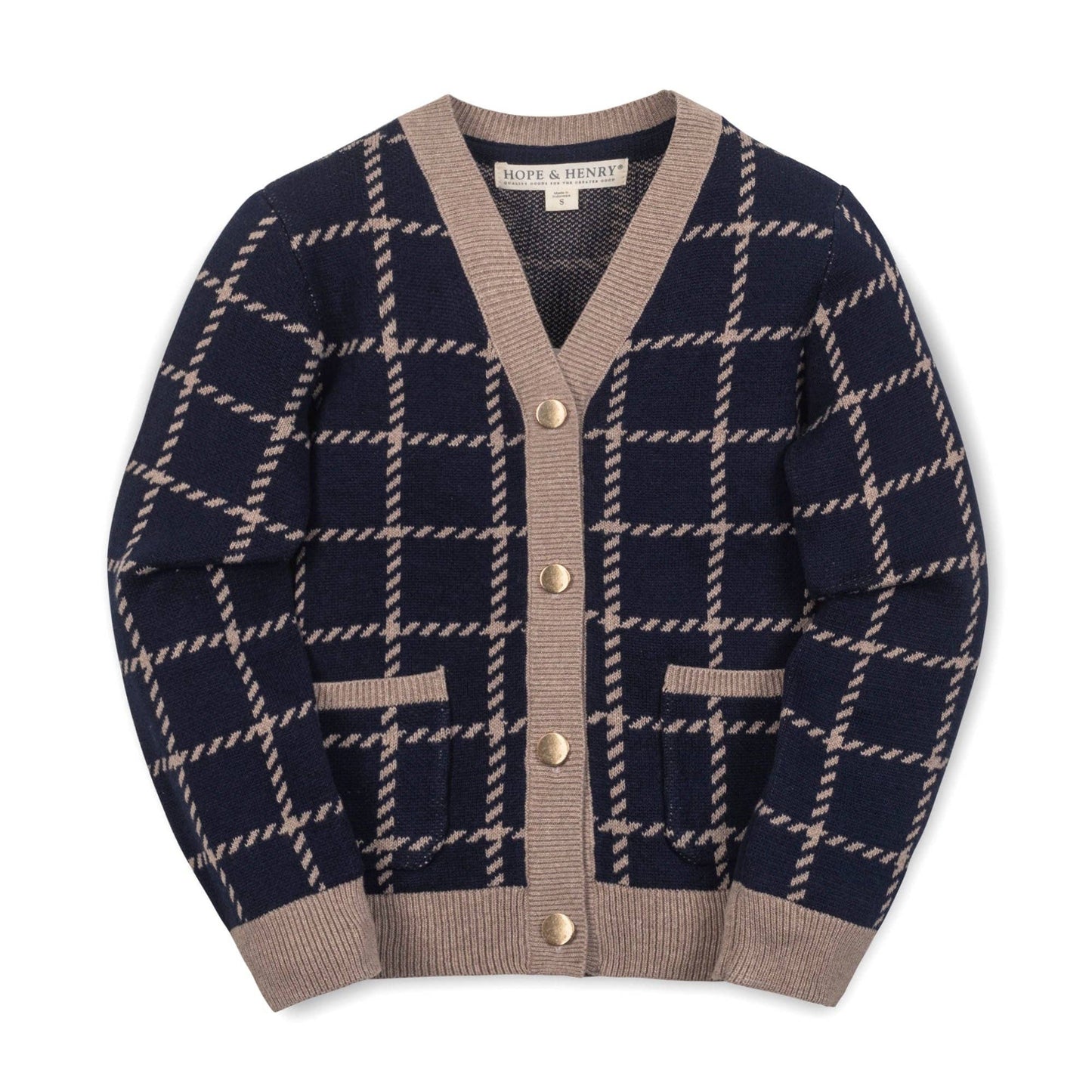 Organic Boyfriend Cardigan: Navy and Taupe Windowpane / X-Small