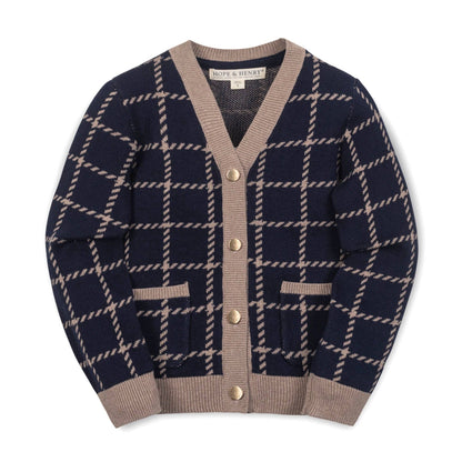 Organic Boyfriend Cardigan: Navy and Taupe Windowpane / X-Small