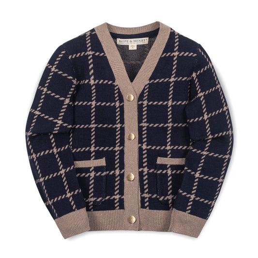 Organic Boyfriend Cardigan: Navy and Taupe Windowpane / X-Small