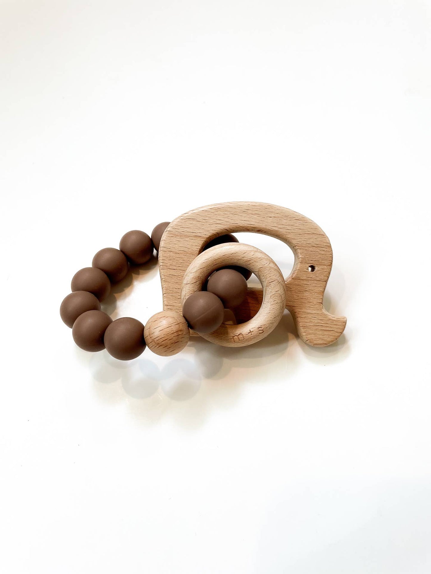 Elephant Teether- Silicone and Beech Wood: Peach