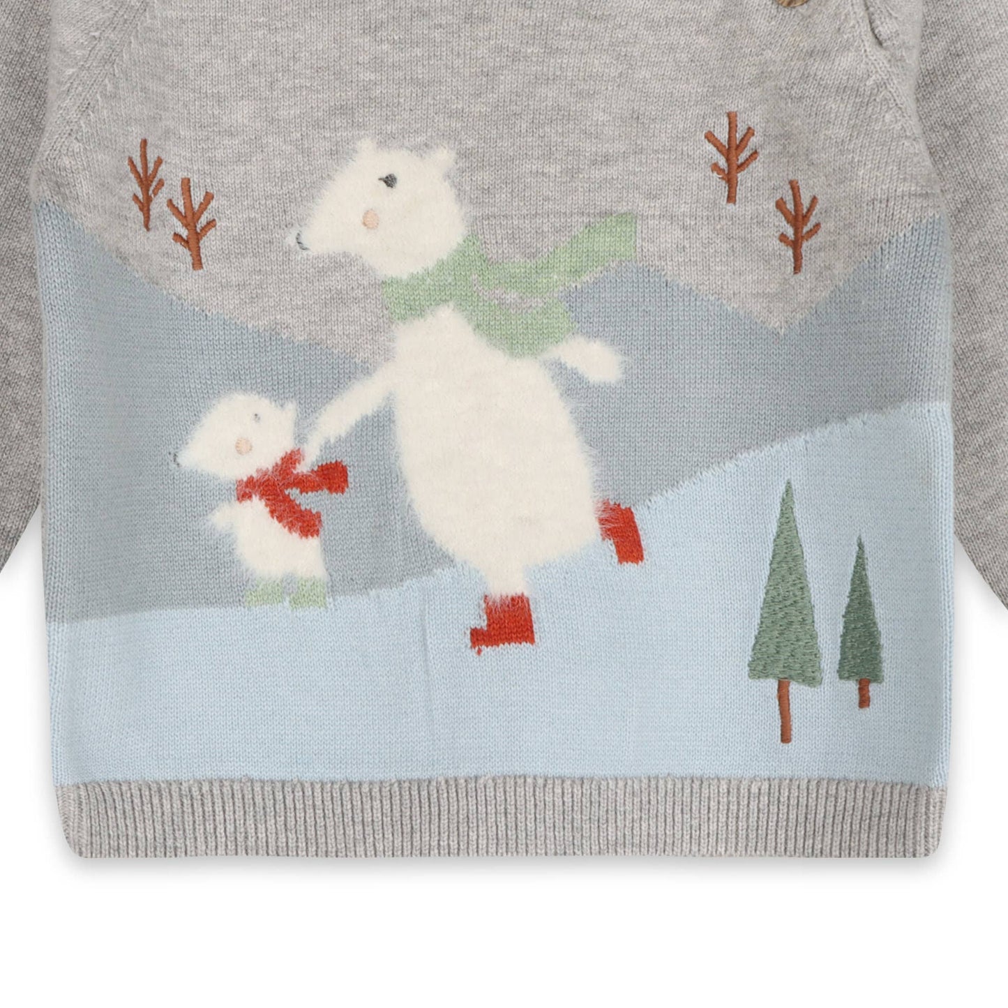 Skating Polar Bear Jacquard Knit Baby Raglan Pullover: Heather Grey / 12-18M