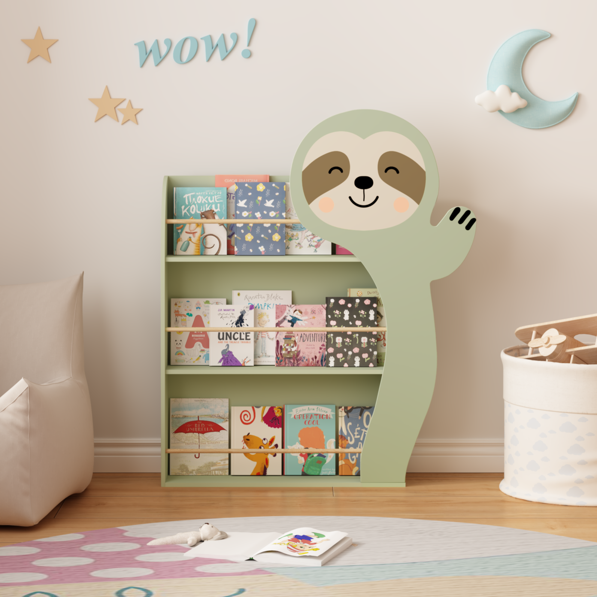 Kids Sloth Bookshelf, Book Rack, Table Chair Set, Sage Green